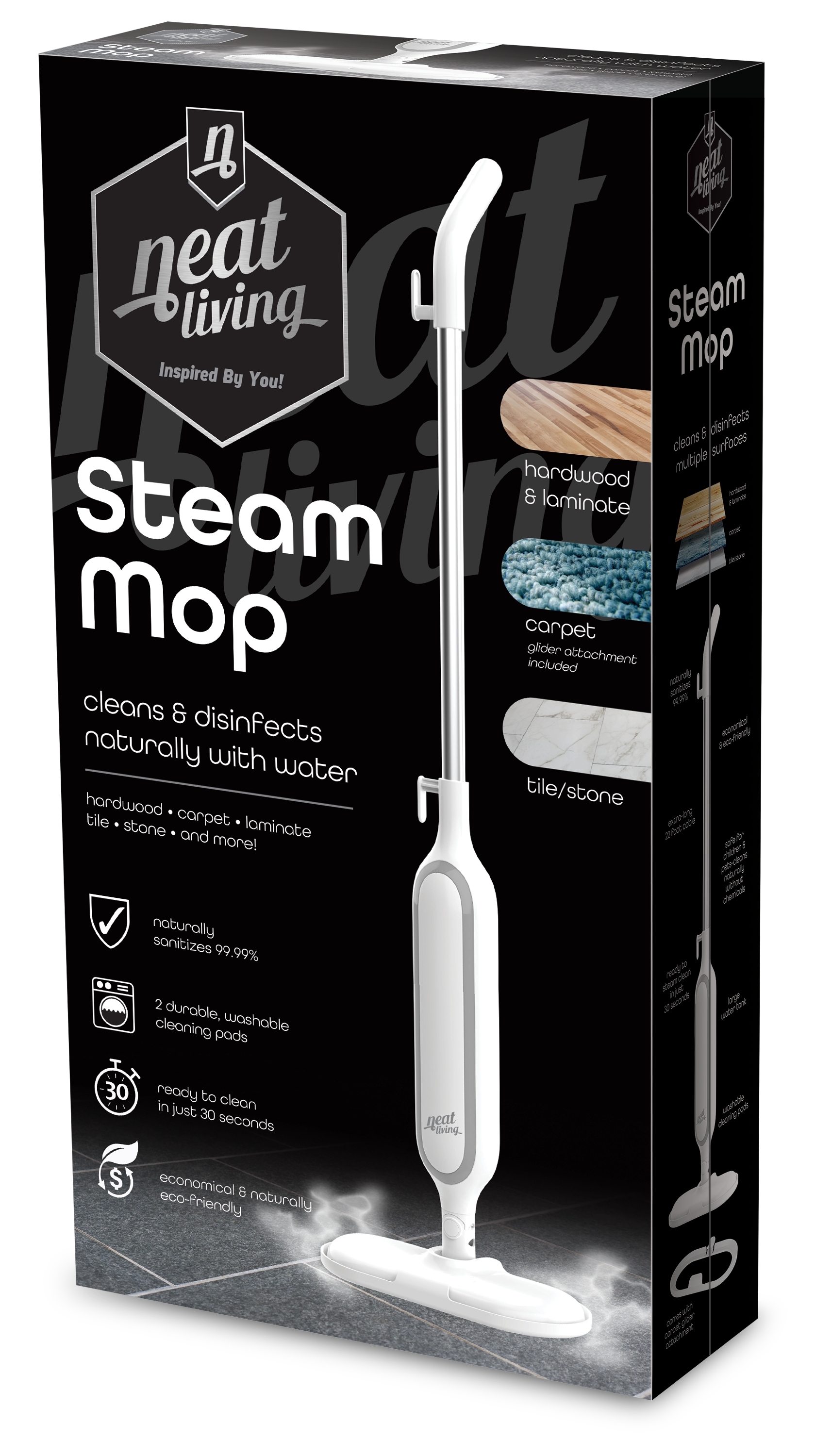 Steam Mop with 2 Dirt Grip Pads, Large Water Tank, Lightweight, Safe for all Sealed Hard Floors like Tile, Hardwood, Stone, Laminate, Vinyl & More, White/Gray
