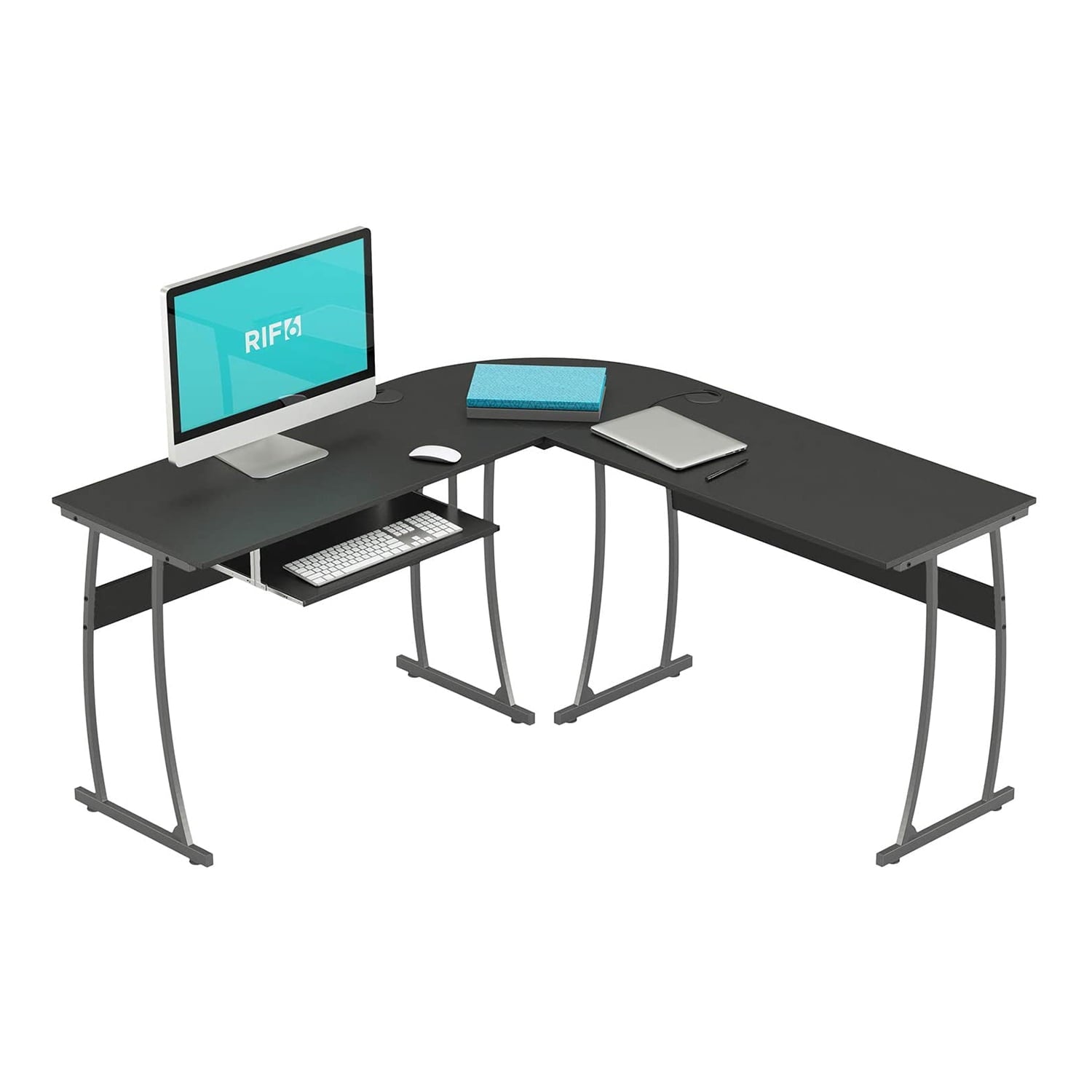 RIF6 L Shaped Modern Computer Home Office Desk w/ Keyboard Tray, Black