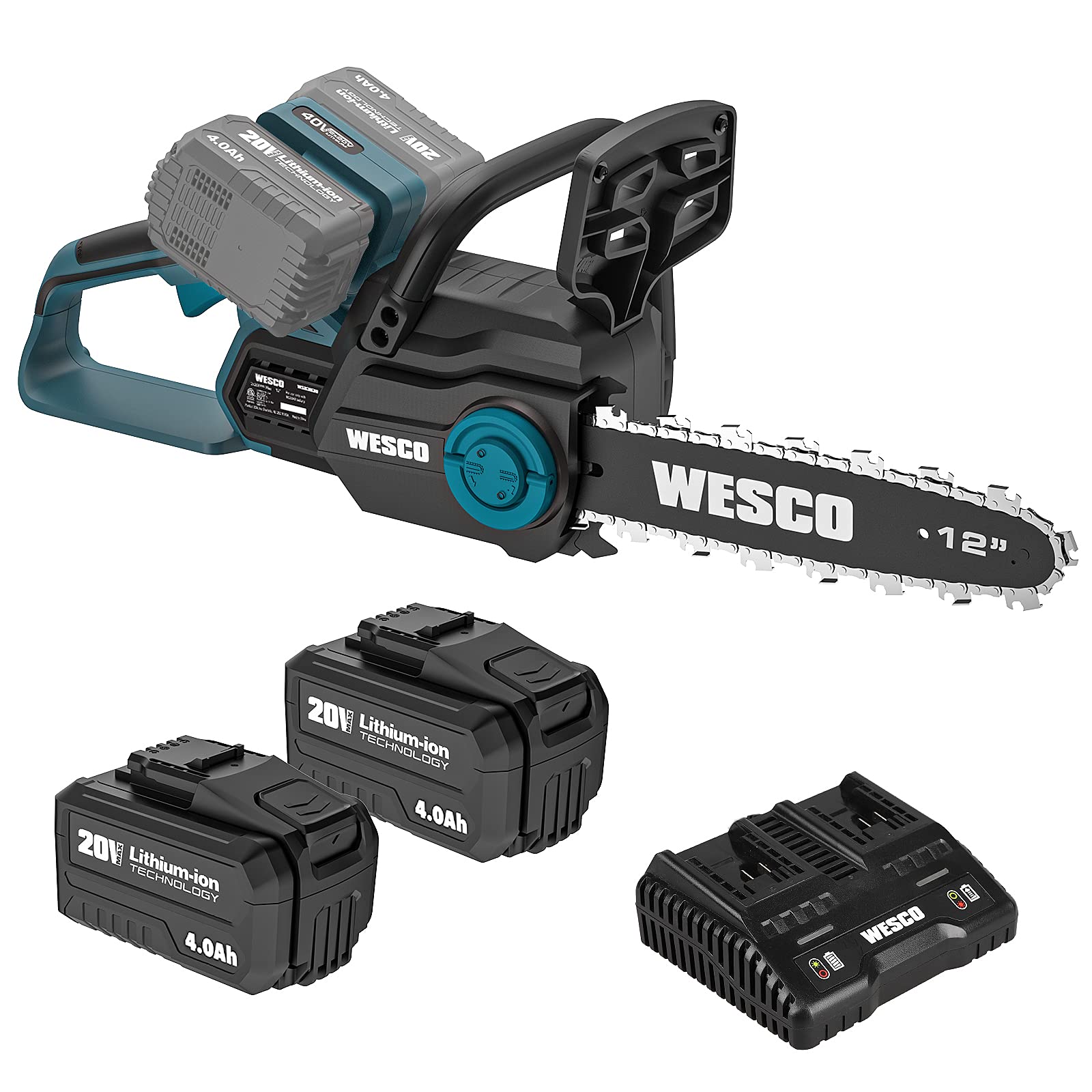 Cordless Chainsaw, WESCO 40V 12-Inch Chain Saw, 2Pcs 4.0Ah Li-ion Battery and Charger Included, Tool-Free Chain Tensioning, Auto Chain Lubrication, Battery Power Chain Saws/WS8303U