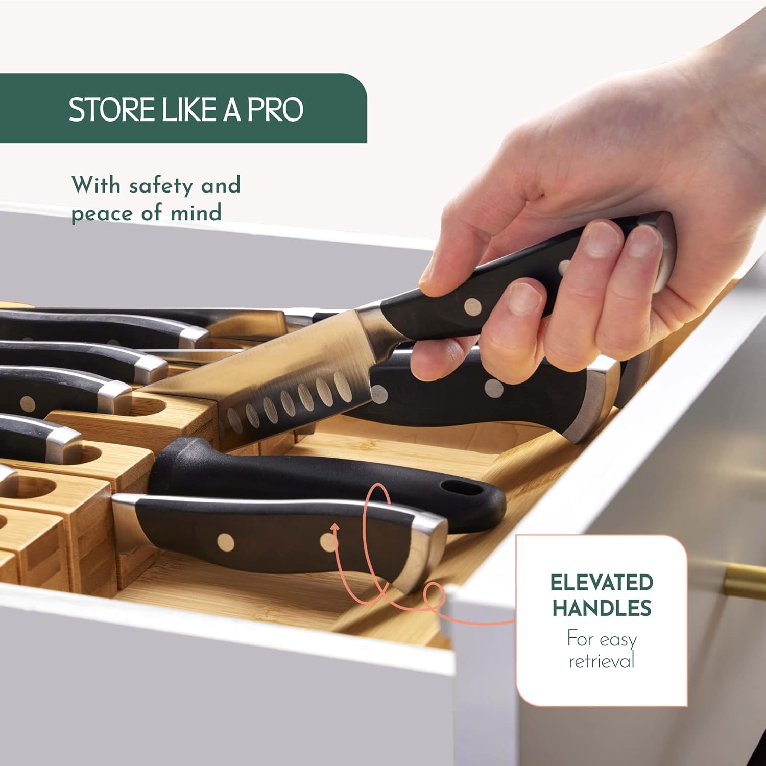 High-Grade 100% Bamboo Knife Drawer Organizer - 16 Knife Slots Plus a Sharpener Slot, Knife Organizer for Kitchen Organization, Durable, Secured, Practical, Eco-Friendly, Knife Block without Knives. 1.9"-15"-15"