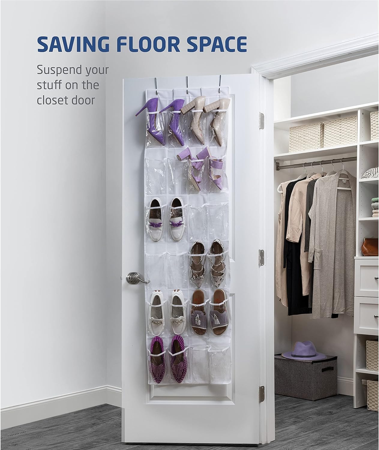 ZOBER Over The Door Shoe Organizer - 24 Breathable Pockets - Pantry Organizer, Laundry Room, Toy Storage Organizer - Chrome Hooks, Easy Set Up - 1 Pack White