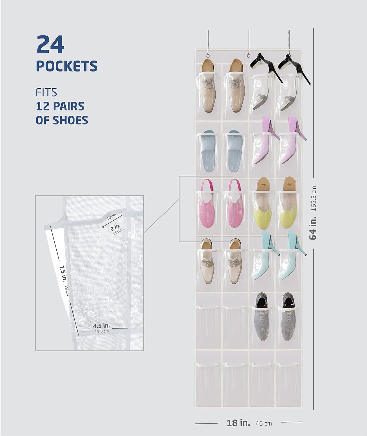 ZOBER Over The Door Shoe Organizer - 24 Breathable Pockets - Pantry Organizer, Laundry Room, Toy Storage Organizer - Chrome Hooks, Easy Set Up - 1 Pack White