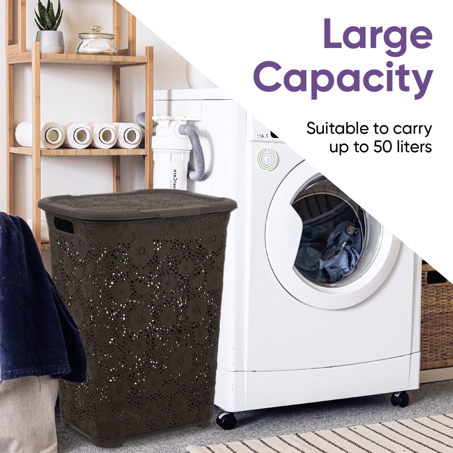 Superio 50L Large Capacity Plastic Laundry Hamper with Lid, Lace, Brown