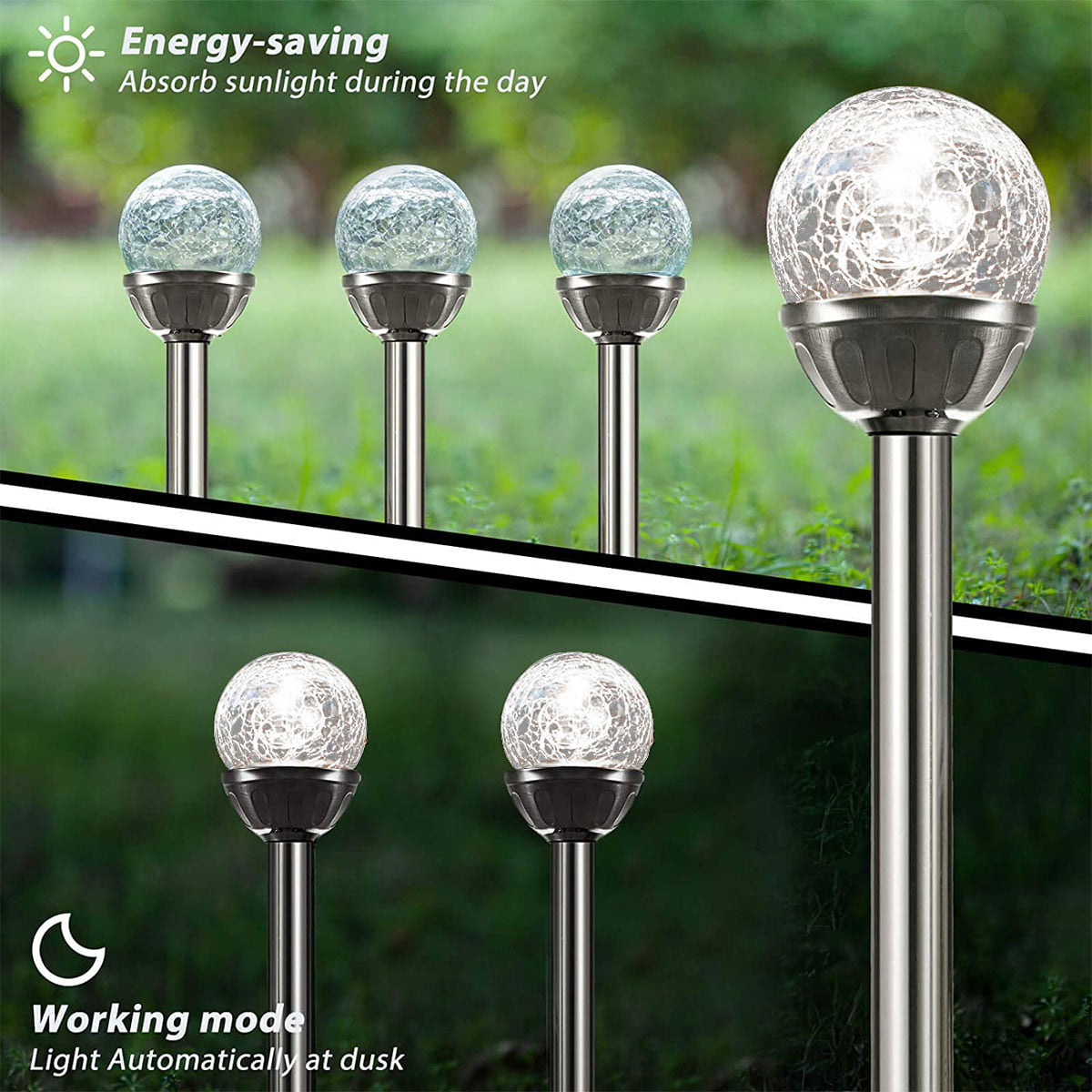 Cracked Glass Ball Garden Lights, Outdoor Waterproof Cool White Decorative LED Landscape Lighting for Patio Lawn Yard Path Decor, Stainless Steel