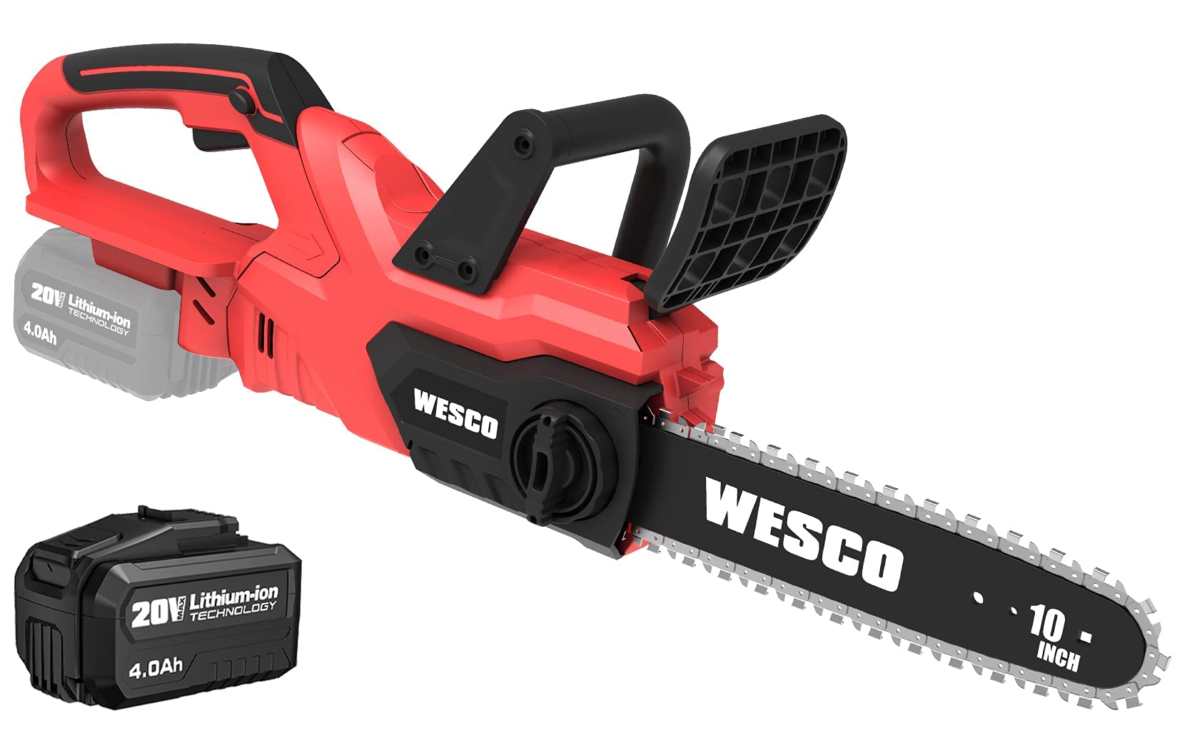 Cordless Chainsaw, WESCO 20V Chainsaw, 10-Inch Bar, 4.0 AH Battery and Charger Included, Tool-Free Chain Tensioning, Auto Chain Lubrication, Battery Power Chain Saws/WS8330U