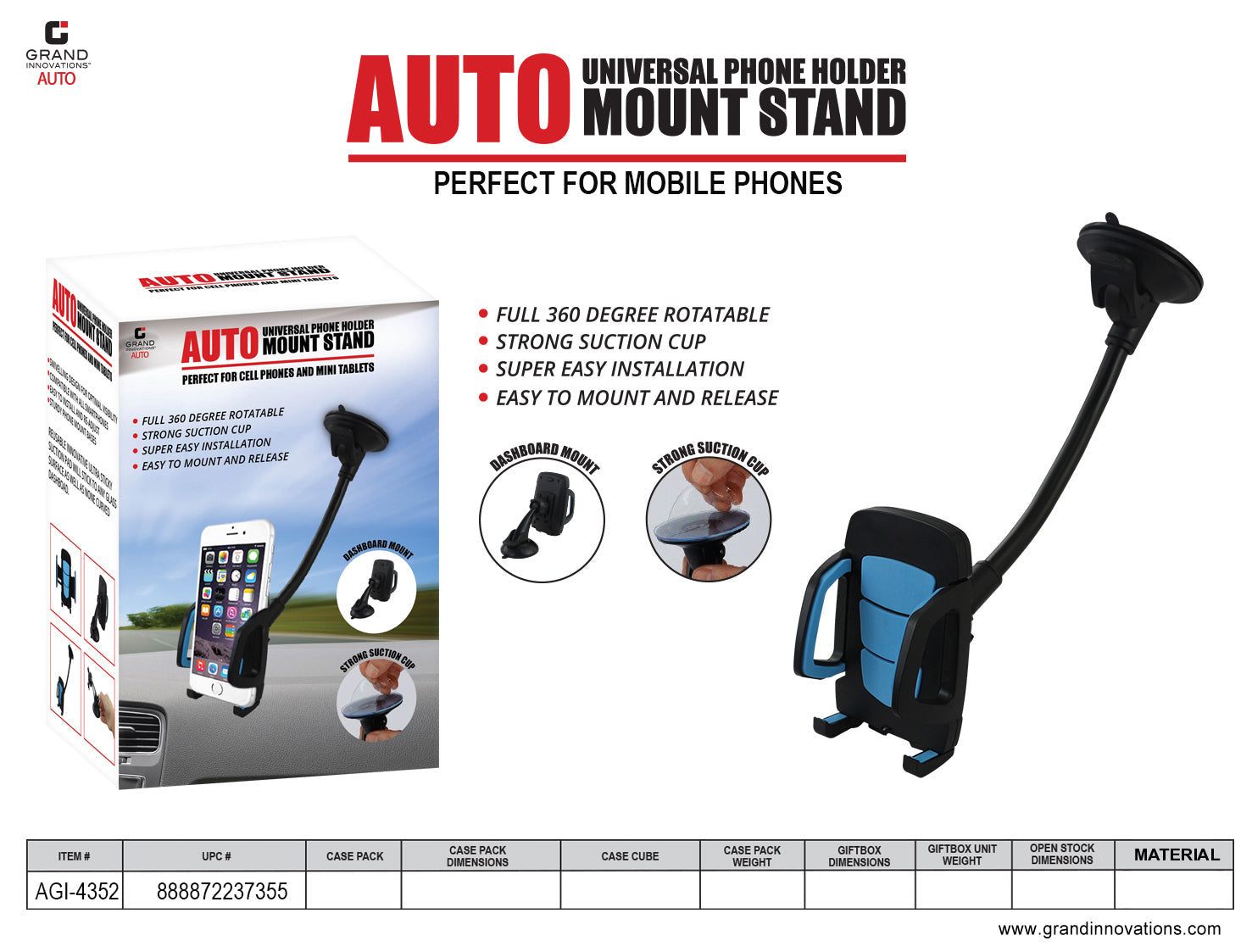 Grand Innovations Auto, Universal Phone Holder Mount, Choose Between Different Style Options