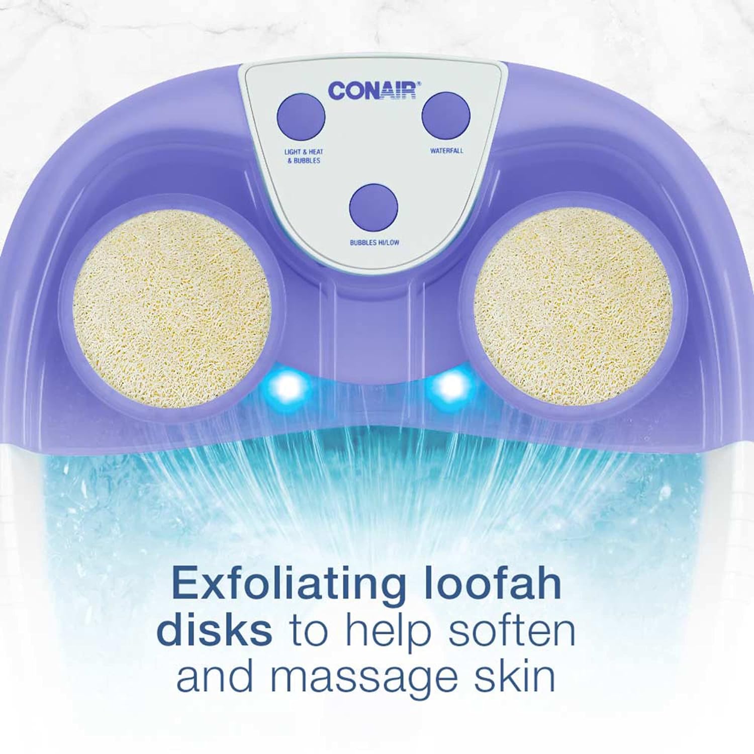 Conair Waterfall Pedicure Foot Spa Bath with Blue LED Lights with Bubbles and Rollers, Purple/White