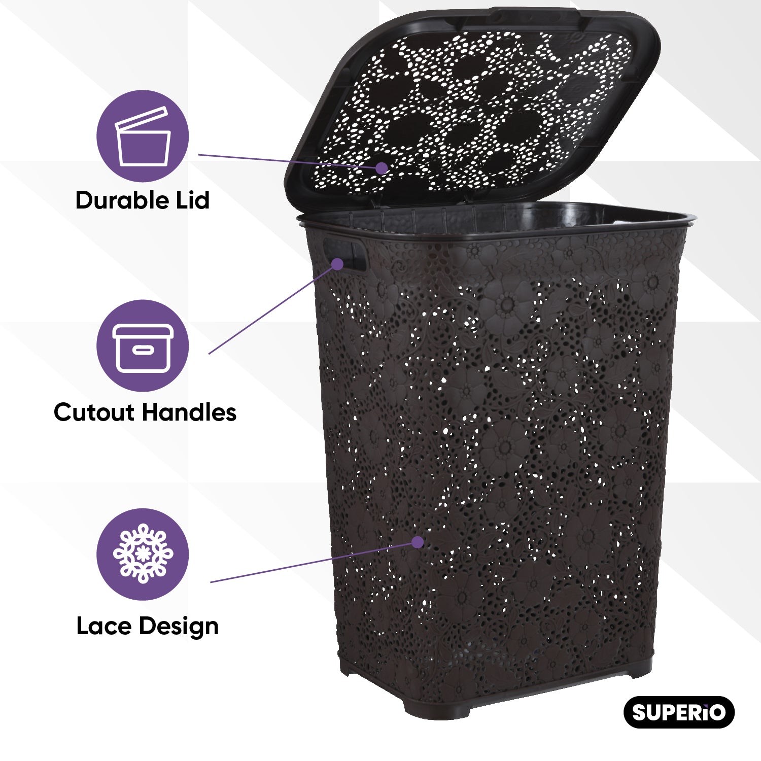 Superio 50L Large Capacity Plastic Laundry Hamper with Lid, Lace, Brown