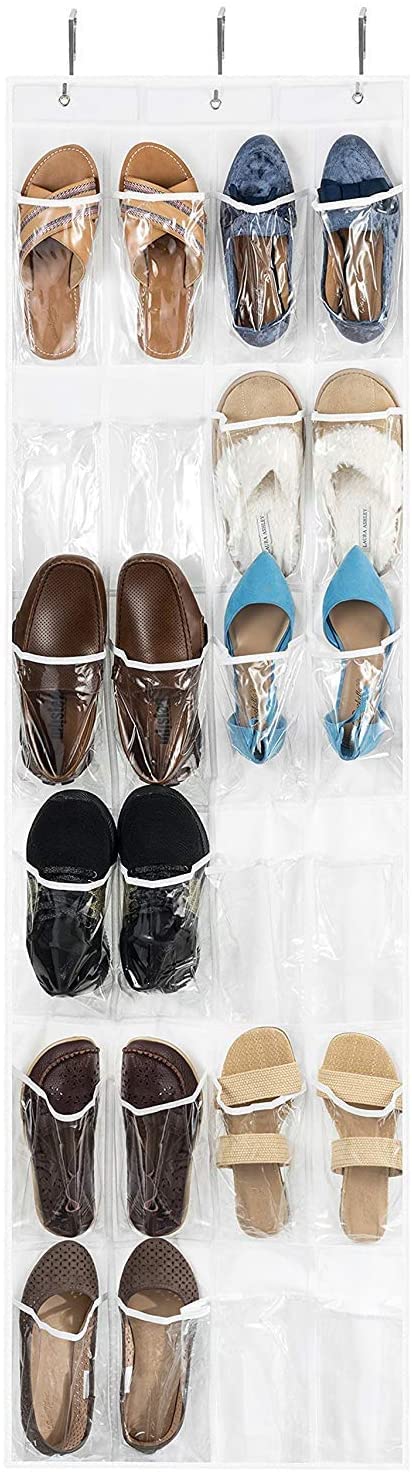 ZOBER Over The Door Shoe Organizer - 24 Breathable Pockets - Pantry Organizer, Laundry Room, Toy Storage Organizer - Chrome Hooks, Easy Set Up - 1 Pack White