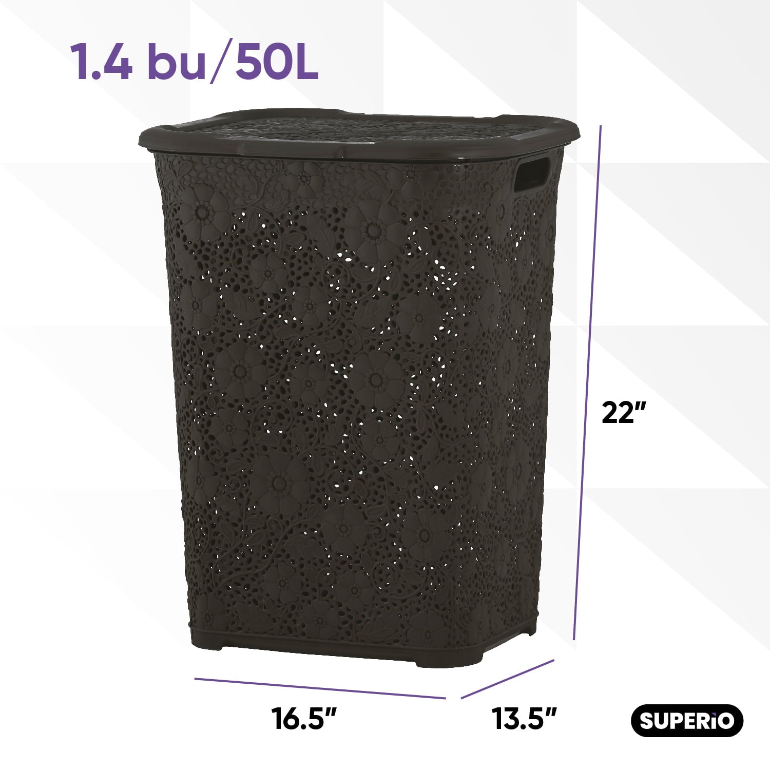 Superio 50L Large Capacity Plastic Laundry Hamper with Lid, Lace, Brown