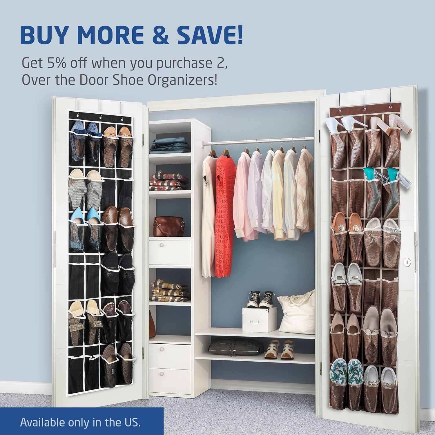 ZOBER Over The Door Shoe Organizer - 24 Breathable Pockets - Pantry Organizer, Laundry Room, Toy Storage Organizer - Chrome Hooks, Easy Set Up - 1 Pack White