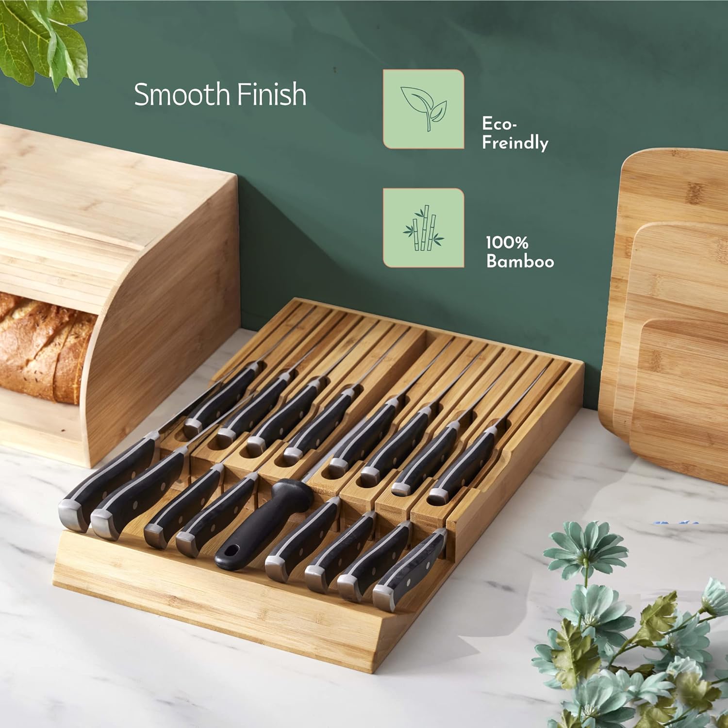 High-Grade 100% Bamboo Knife Drawer Organizer - 16 Knife Slots Plus a Sharpener Slot, Knife Organizer for Kitchen Organization, Durable, Secured, Practical, Eco-Friendly, Knife Block without Knives. 1.9"-15"-15"