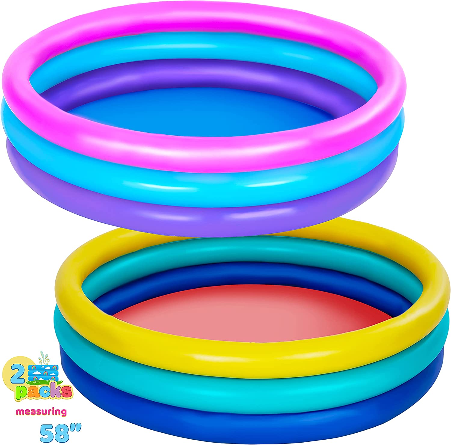 2 Pack 58'' Multicolor Inflatable Kiddie Pools Set, Summer Fun Swimming Pool for Kids, Water Pool,  Kiddie Pool, Ball Pit Pool, Indoor & Outdoor uses (58 x 13)