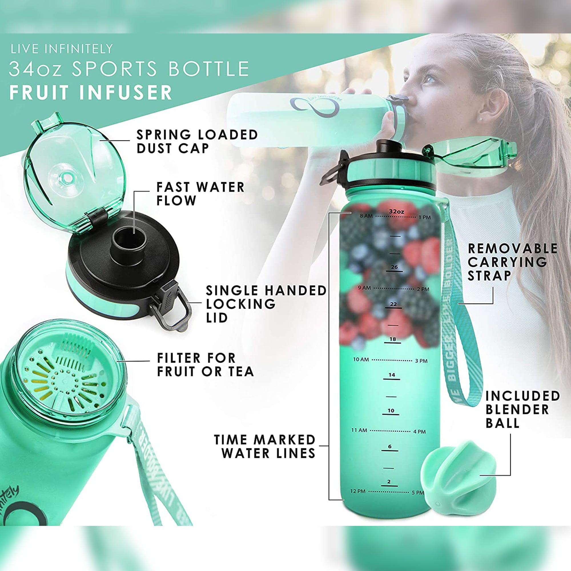 Live Infinitely Gym Water Bottle with Time Marker Fruit Infuser and Shaker 34 Oz (Available in 18 Colors)