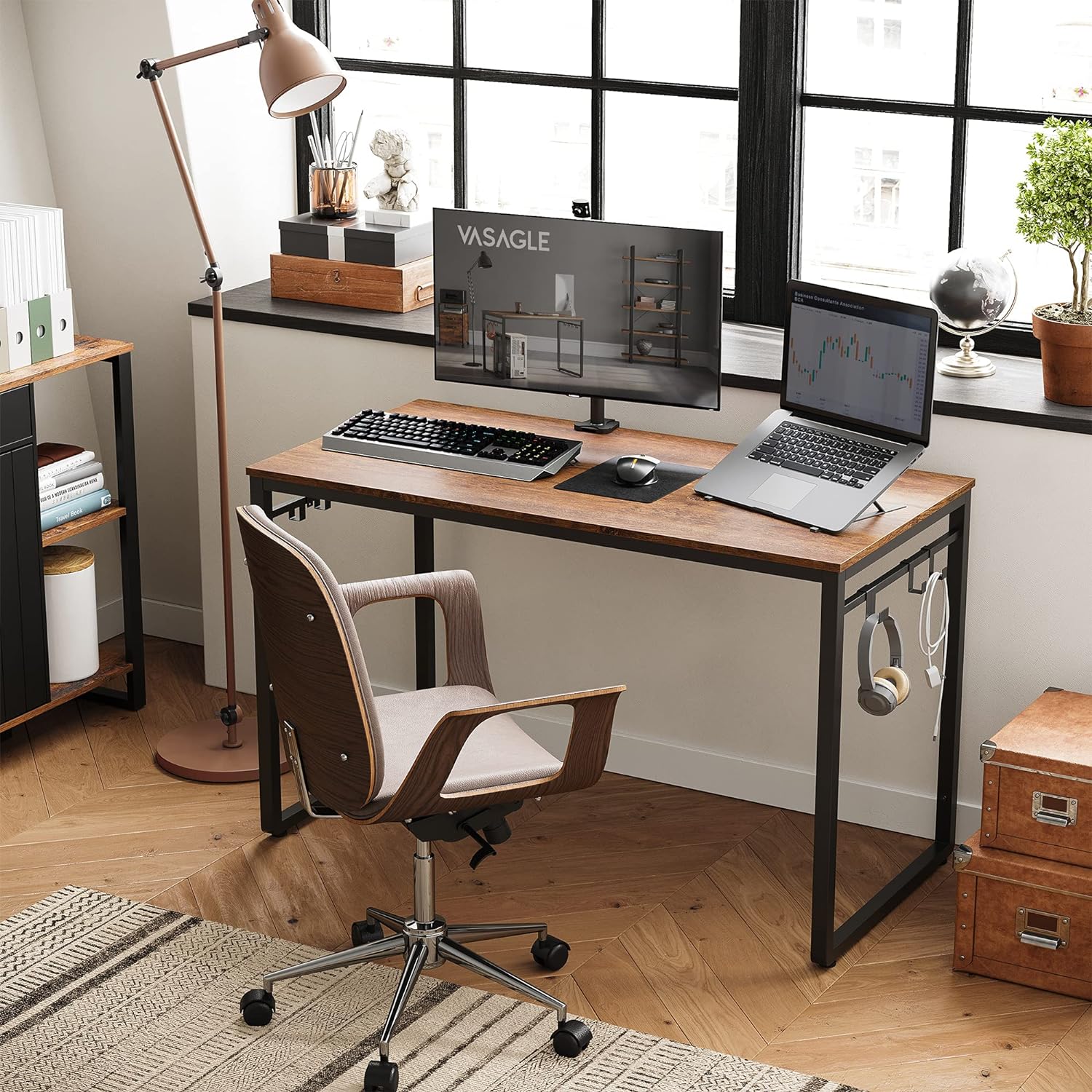 VASAGLE ALINRU Computer Desk, Office Desk with 8 Hooks, for Study, Home Office, Easy Assembly, Industrial Design, 47.2 x 23.6 x 29.5 Inches, Walnut Brown and Black ULWD058B08