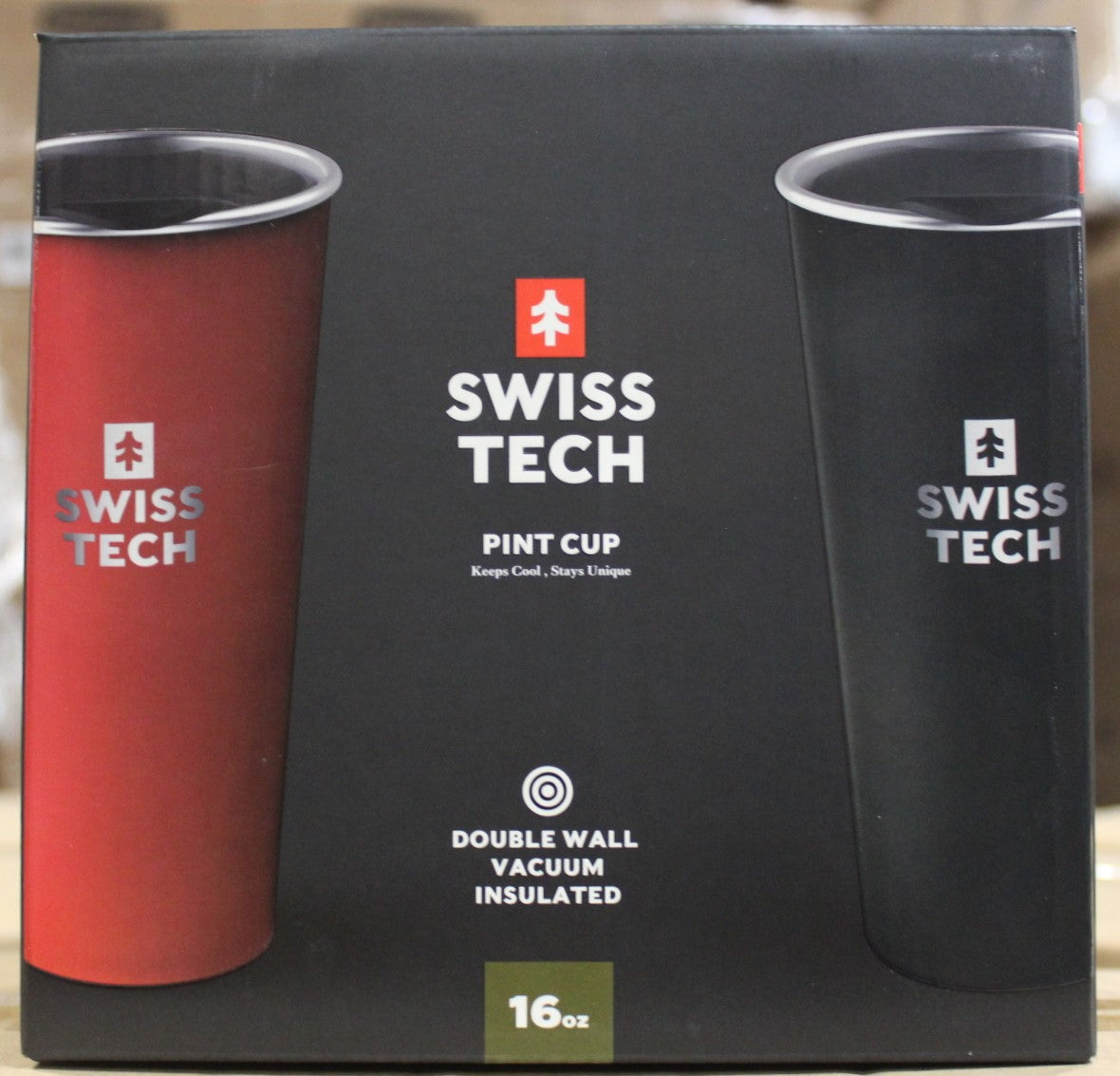 Swiss+Tech 16oz Stainless Steel Cups with lids, 2 Pack Double Wall Pint Cups, Insulated Tumbler with Lid, Unbreakable Durable Cups, Color Options:  Red & Black, Turquoise & Black, and Red & White